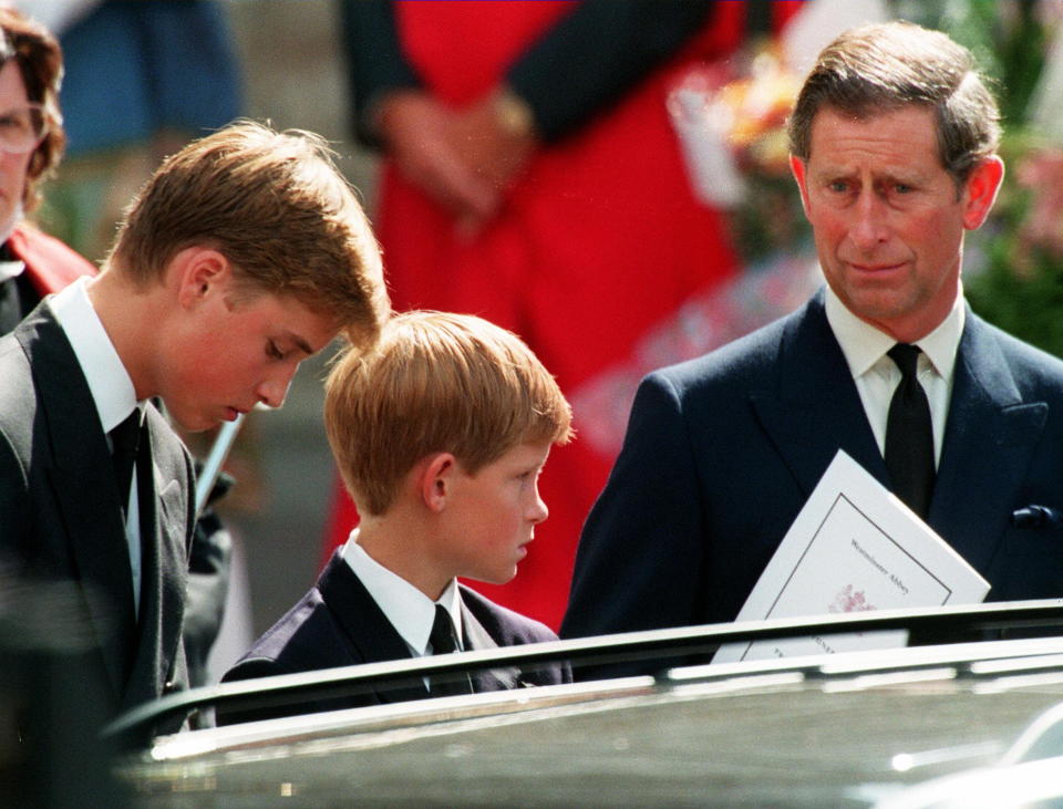 Prince Charles (R) with sons Harry (C) and William (L)