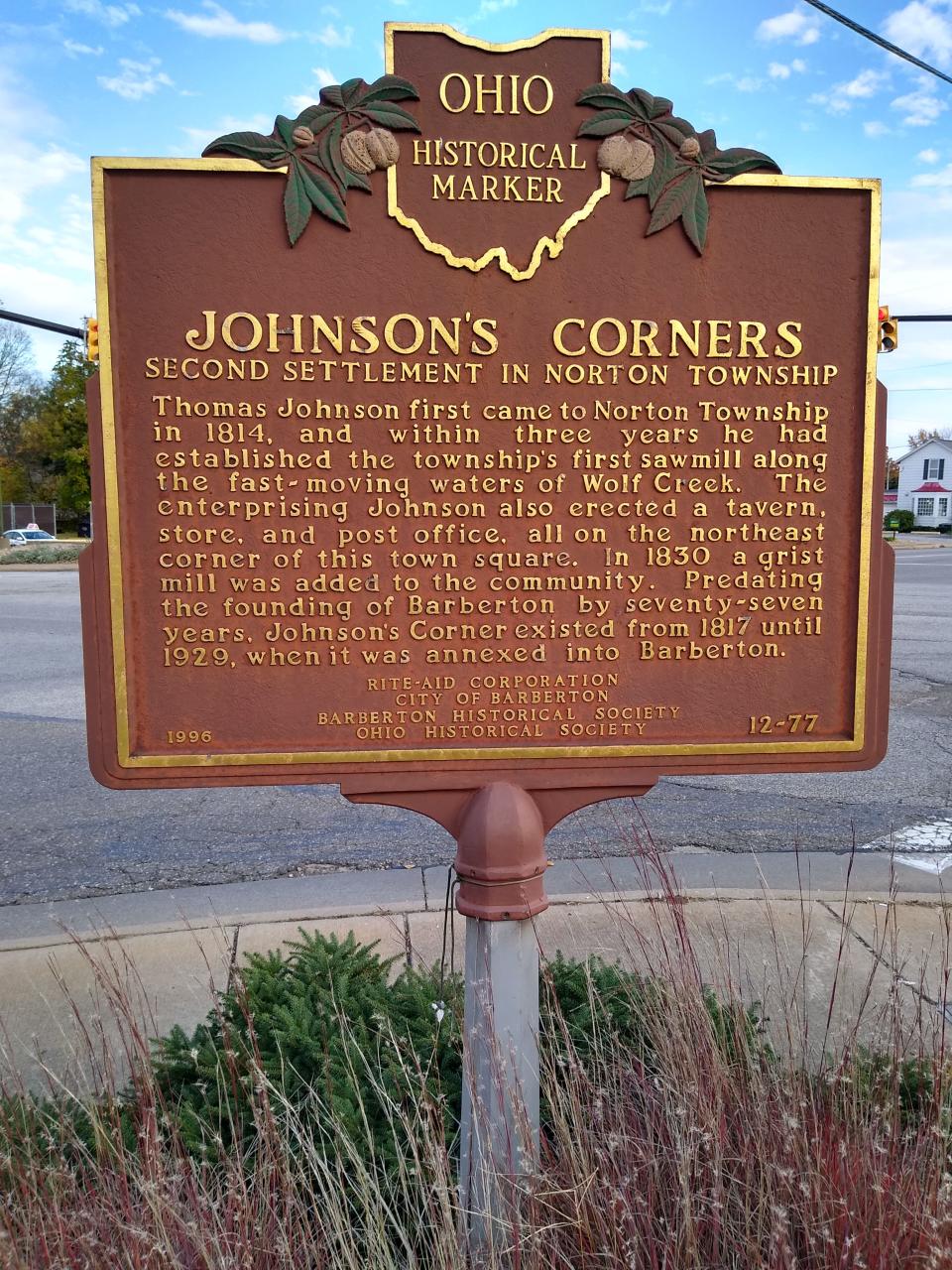 A historical marker for Johnson’s Corners can be found at the present-day intersection of Wooster Road and Cleveland-Massillon Road (31st Street) in Barberton.