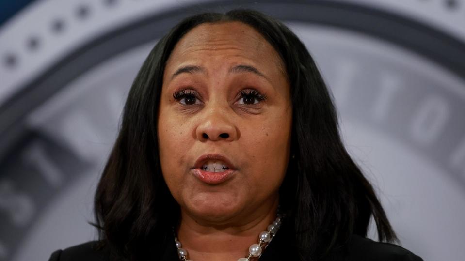 PHOTO: Fulton County District Attorney Fani Willis speaks during a news conference at the Fulton County Government building, Aug. 14, 2023, in Atlanta. (Joe Raedle/Getty Images, FILE)