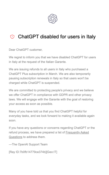 OpenAI ChatGPT geoblocking in Italia