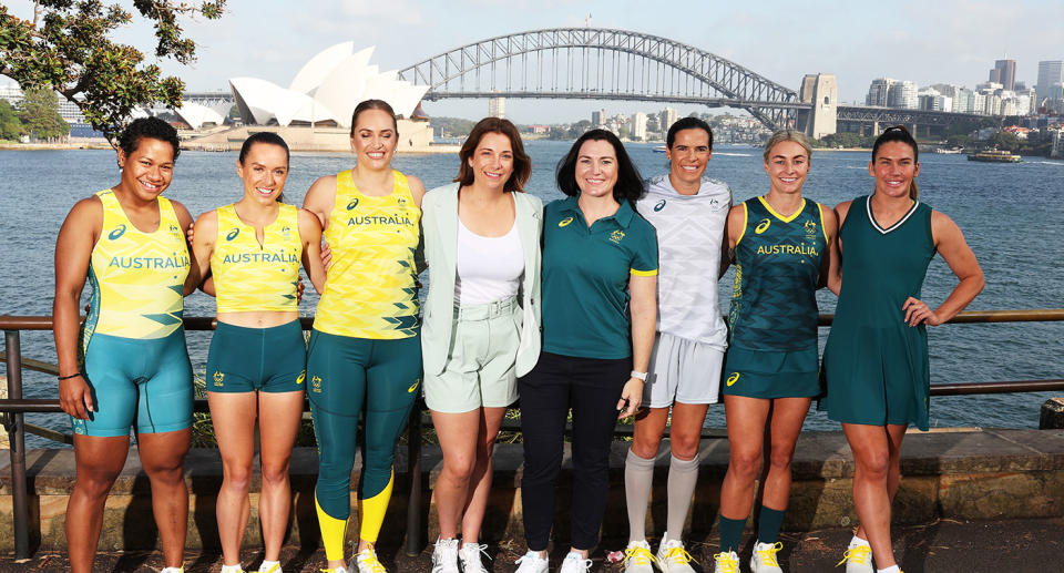 Pictured here, members of the Australian Olympic team show off the new uniforms for the Paris Games. 