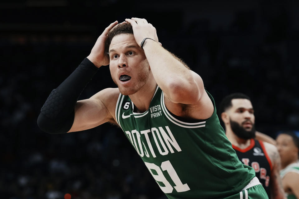 Boston Celtics' Blake Griffin reacts to a referee's call during an NBA basketball game against the Toronto Raptors in Toronto, Monday, Dec. 5, 2022. (Chris Young/The Canadian Press via AP)