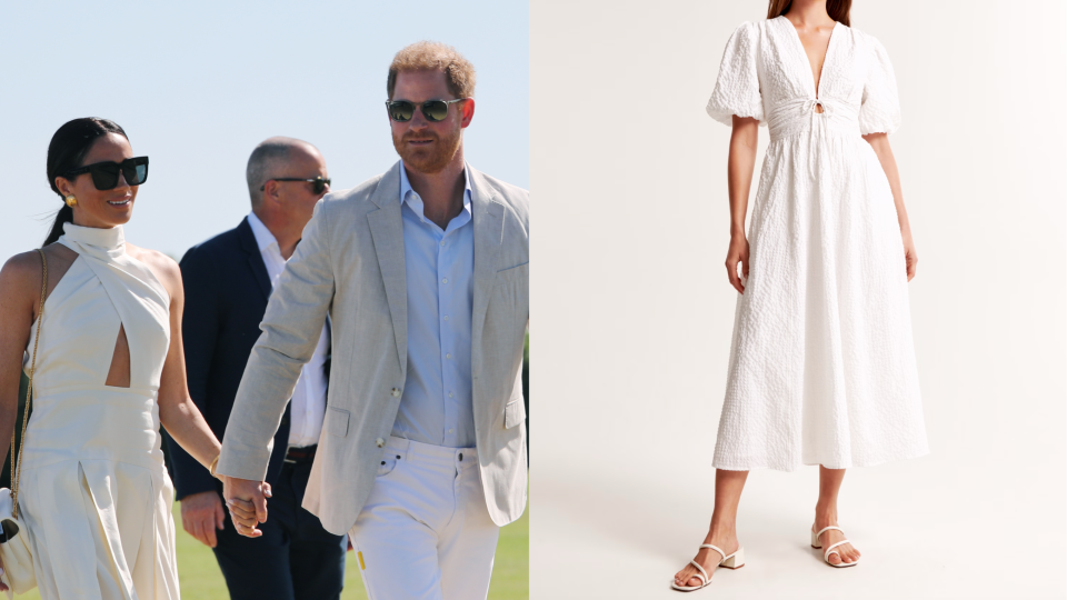 The Duke and Duchess of Sussex after arriving at the Royal Salute Polo Challenge in Wellington, Florida and Abercrombie's Tie-Front Textured Maxi Dress (Photos via Getty & Abercrombie).
