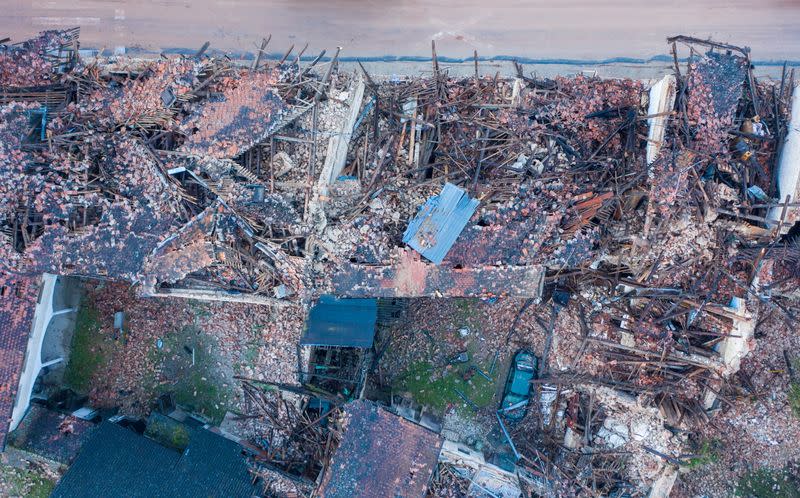 Flattened buildings are seen after an earthquake in Petrinja