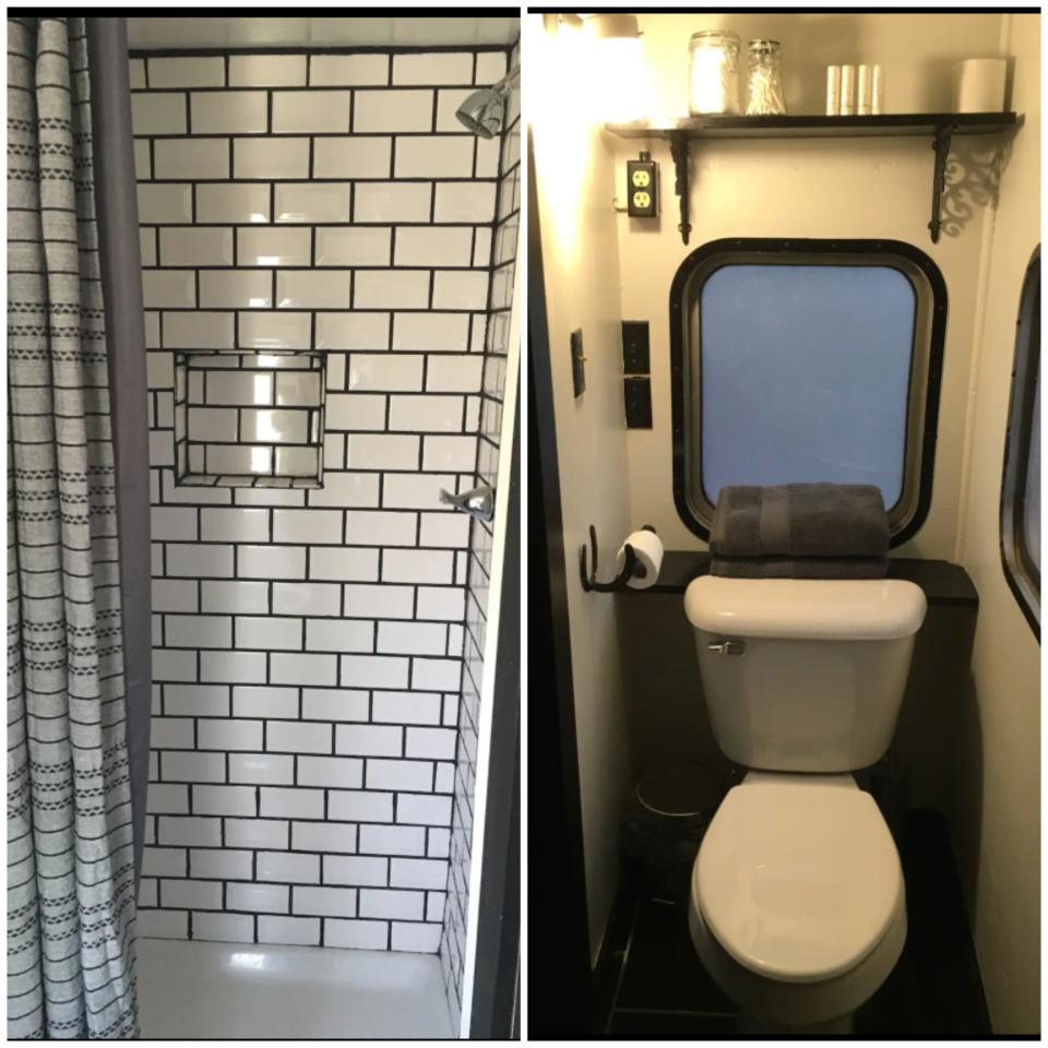 Bathroom located inside train caboose in Iowa.