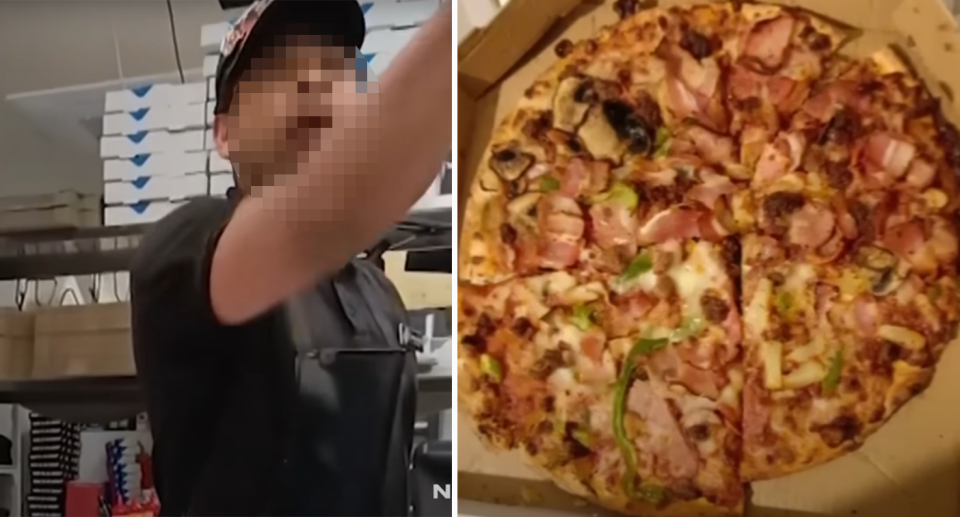 A view of the Domino's employee and Pickles' $12 pizza she tried to return. 