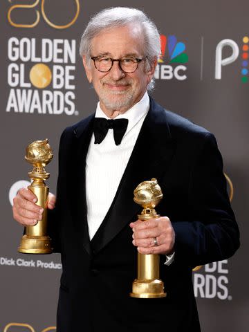 <p>Frazer Harrison/WireImage</p> Steven Spielberg, winner of Best Director - Motion Picture and Best Picture - Drama for 'The Fabelmans,' poses in the press room during the 80th Annual Golden Globe Awards