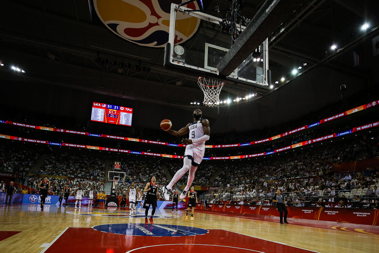 SHANGHAI, CHINA - SEPTEMBER 05: #9 Jaylen Brown of USA dunks during the 1st round match between USA and Japan of 2019 FIBA World Cup at Shanghai Oriental Sports Center on September 05, 2019 in Shanghai, China. (Photo by Yifan Ding/Getty Images)