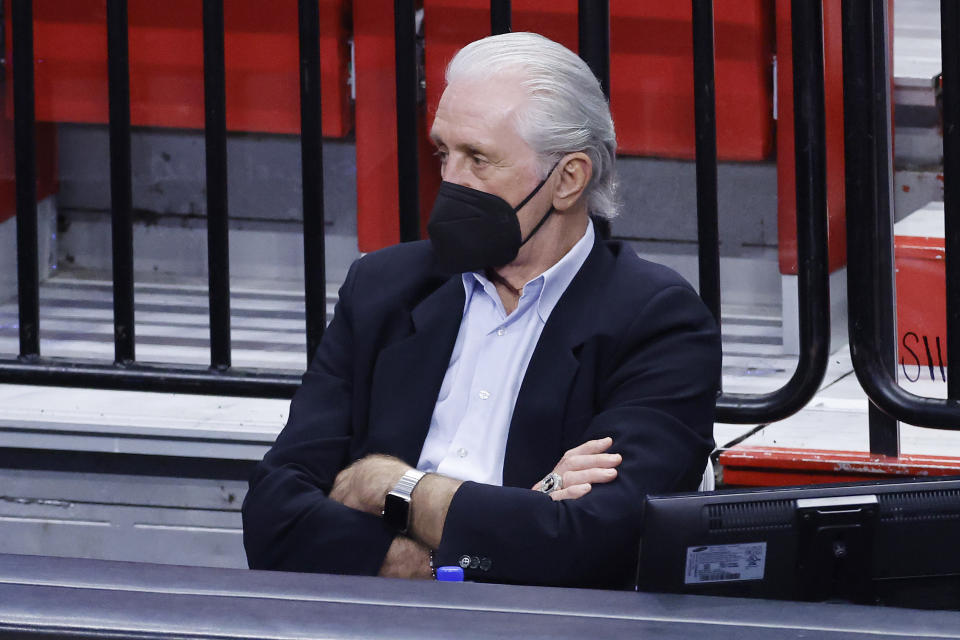 MIAMI, FLORIDA - JANUARY 28: President Pat Riley of the Miami Heat looks on during the second quarter between the Miami Heat and the LA Clippers at American Airlines Arena on January 28, 2021 in Miami, Florida. NOTE TO USER: User expressly acknowledges and agrees that, by downloading and or using this photograph, User is consenting to the terms and conditions of the Getty Images License Agreement.  (Photo by Michael Reaves/Getty Images)