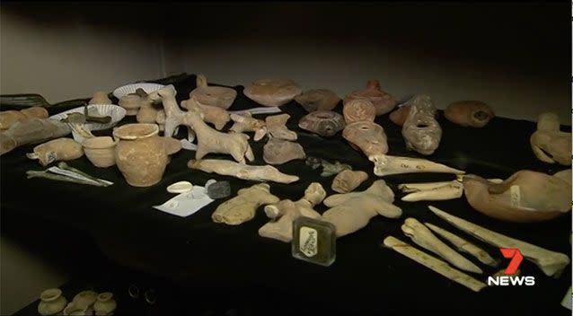 Her collection includes Neolithic axe heads, Roman weapons, Egyptian seals, paraphernalia from the time of Christ, mummy masks and ancient jewellery. Picture: 7 News