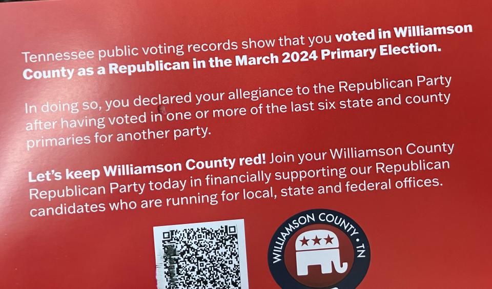 Williamson County Republican Party this week told voters who participated in the March 2024 Republican primary that they had "declared allegiance" to the GOP and voting in any other primary in the Aug. 1 elections could be "punishable as a crime."
