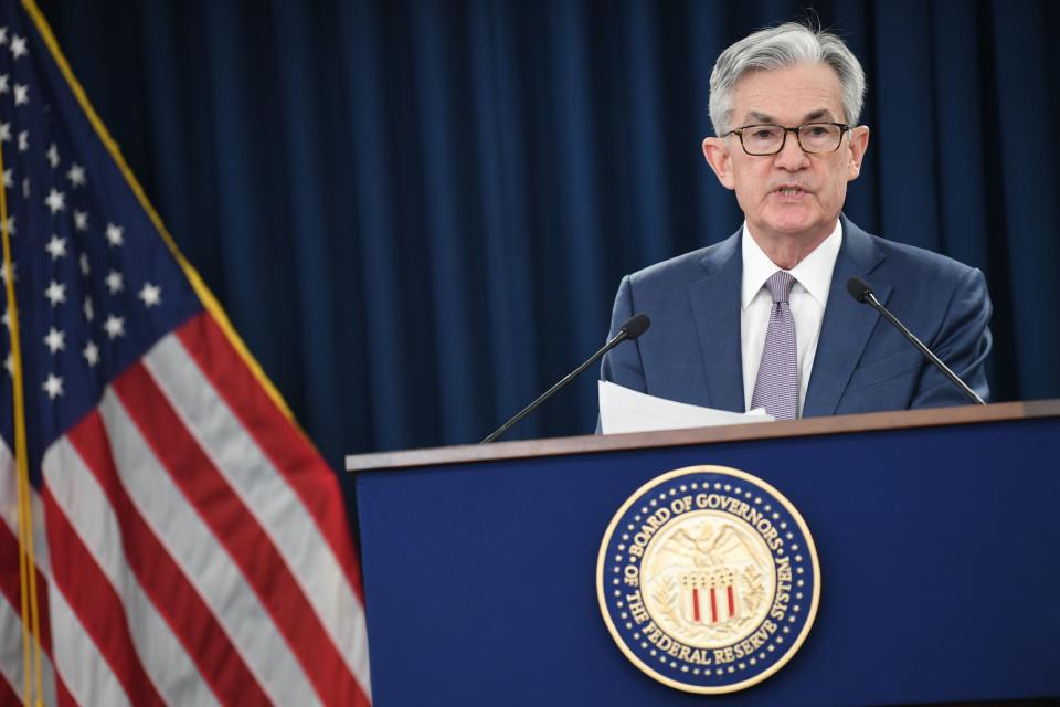 US Federal Reserve Chairman Jerome Powell gives a press briefing after the surprise announcement the FED will cut interest rates on March 3, 2020 in Washington,DC. - The US Federal Reserve announced an emergency rate cut Tuesday, responding to the growing economic risk posed by the coronavirus epidemic and giving President Donald Trump the stimulus he has called for. In a unanimous decision, the Fed's policy-setting committee slashed its key interest rate by a half point to a range of 1.0-1.25. (Photo by Eric BARADAT / AFP) (Photo by ERIC BARADAT/AFP via Getty Images)