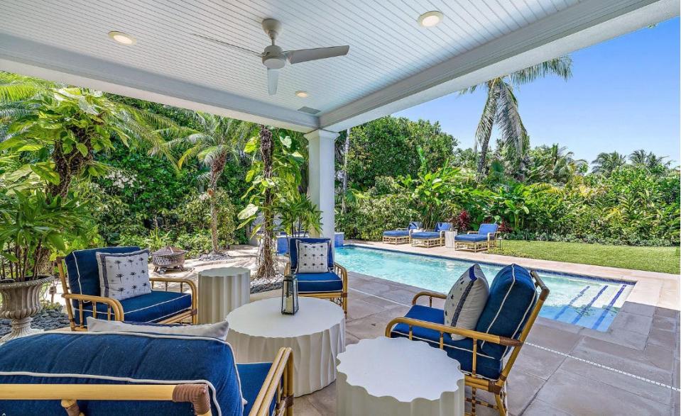 The loggia offers a view of the pool at 271 La Puerta Way, which has sold for a recorded $13 million on the North End of Palm Beach.