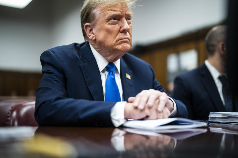 Former President Donald Trump appears at Manhattan criminal court during jury selection in New York, Monday, April 15, 2024. (Jabin Botsford/The Washington Post via AP, Pool)