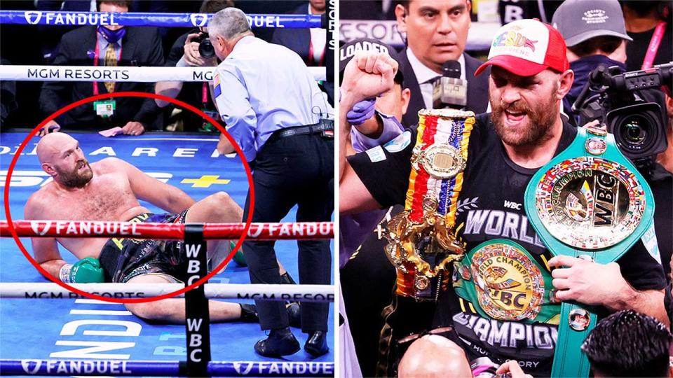 Tyson Fury (pictured left) on the floor after being was knocked down and (pictured right) celebrating after his win against Deontay Wilder.