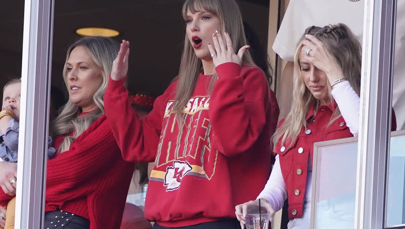 Taylor Swift watches an NFL football game between the Los Angeles Chargers and the Kansas City Chiefs Sunday, Oct. 22, 2023 in Kansas City, Mo.