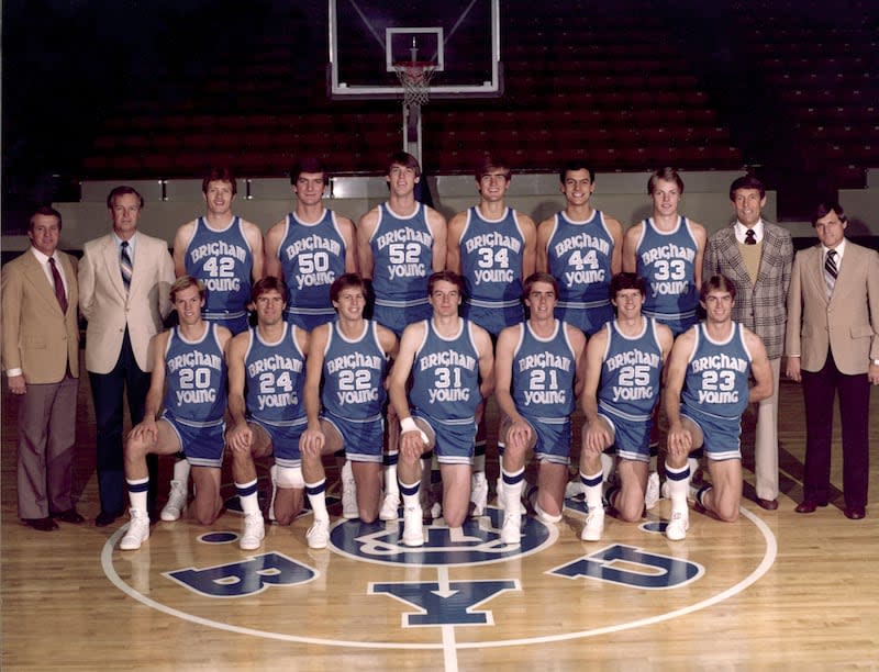 BYU head coach Frank Arnold, second from left, poses with his 1980-81 basketball team, the last Cougars team to reach the NCAA's Elite Eight. | BYU Photo