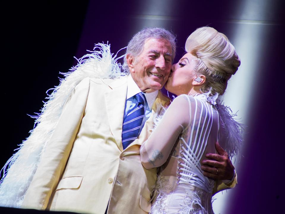 The two American singers Lady Gaga and Tony Bennett in concert with the Cheek to Cheek Tour at Umbia Jazz at the Arena Santa Giuliana. Perugia (Italy), July 15th, 2015