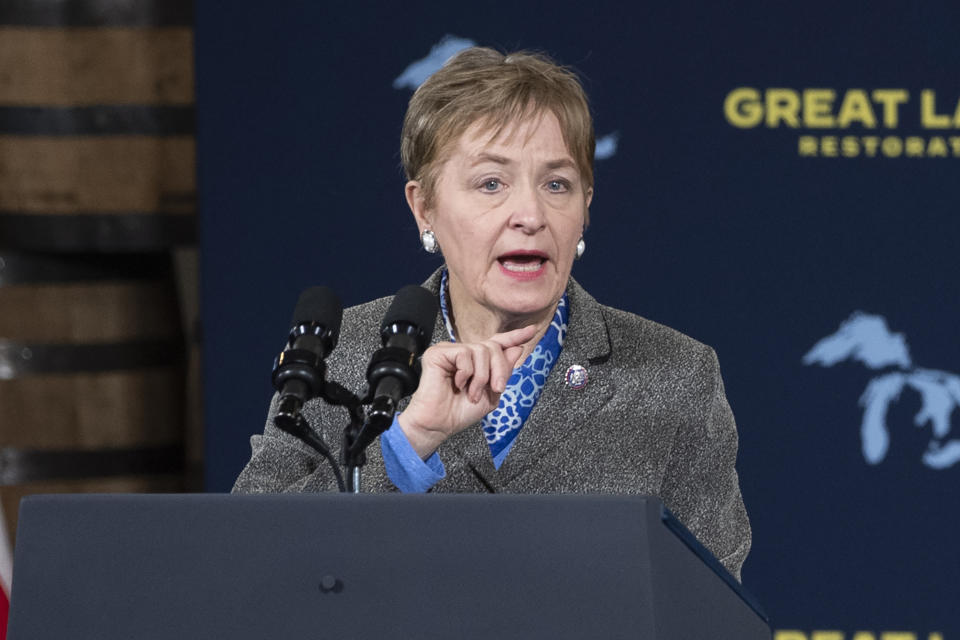FILE — Rep. Marcy Kaptur, D-Ohio, speaks during an event at the Shipyards on Feb. 17, 2022, in Lorain, Ohio. Kaptur is seeking to retain her seat in Ohio's 9th congressional district. (AP Photo/Ken Blaze, File)