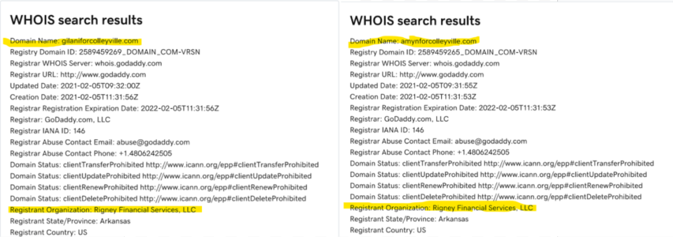 Screenshots of WHOIS domain registration data for AmynForColleyville.com and GilaniForColleyville.com taken on March 19. The website domain names and registrant names have been highlighted.