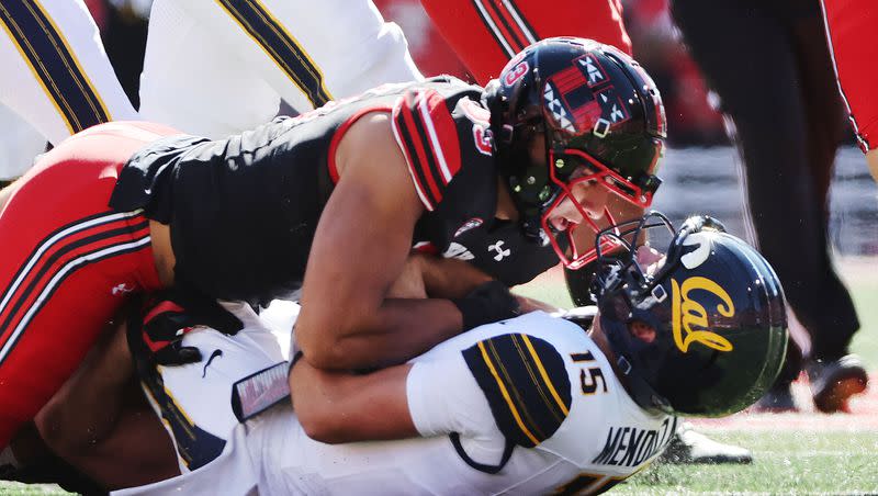 Utah Utes defensive end Jonah Elliss sacks California quarterback Fernando Mendoza in Salt Lake City on Saturday, Oct. 14, 2023. The Utes defensive line will face a tough test Saturday at USC.