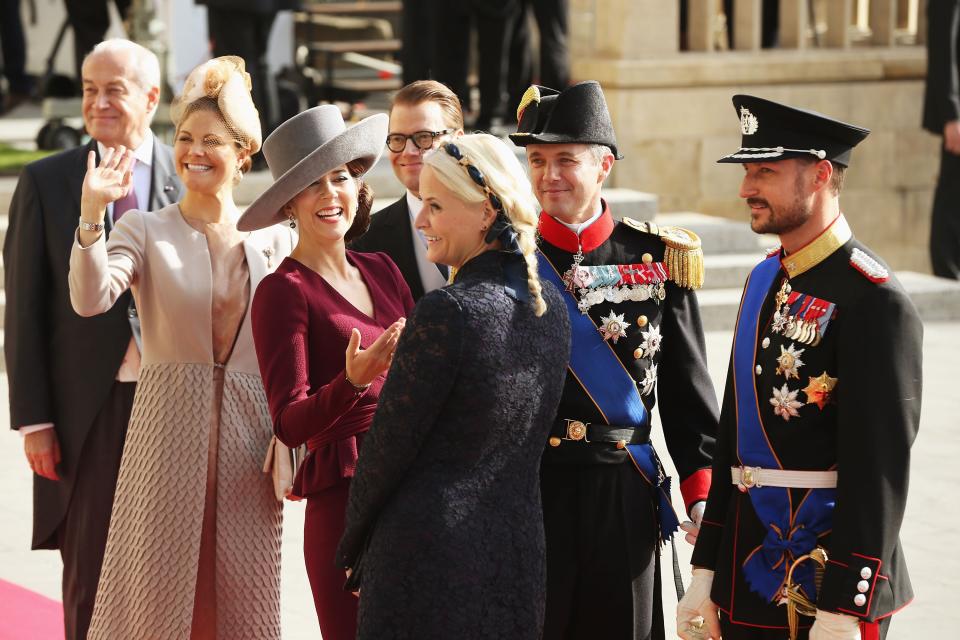 LUXEMBOURG - OCTOBER 20: Princess Victoria of Sweden, Princess Mary of Denmark, Princess Mette Marit of Norway and Prince Haakon of Norway attend the wedding ceremony of Prince Guillaume Of Luxembourg and Princess Stephanie of Luxembourg at the Cathedral of our Lady of Luxembourg on October 20, 2012 in Luxembourg, Luxembourg. The 30-year-old hereditary Grand Duke of Luxembourg is the last hereditary Prince in Europe to get married, marrying his 28-year old Belgian Countess bride in a lavish 2-day ceremony. (Photo by Sean Gallup/Getty Images)