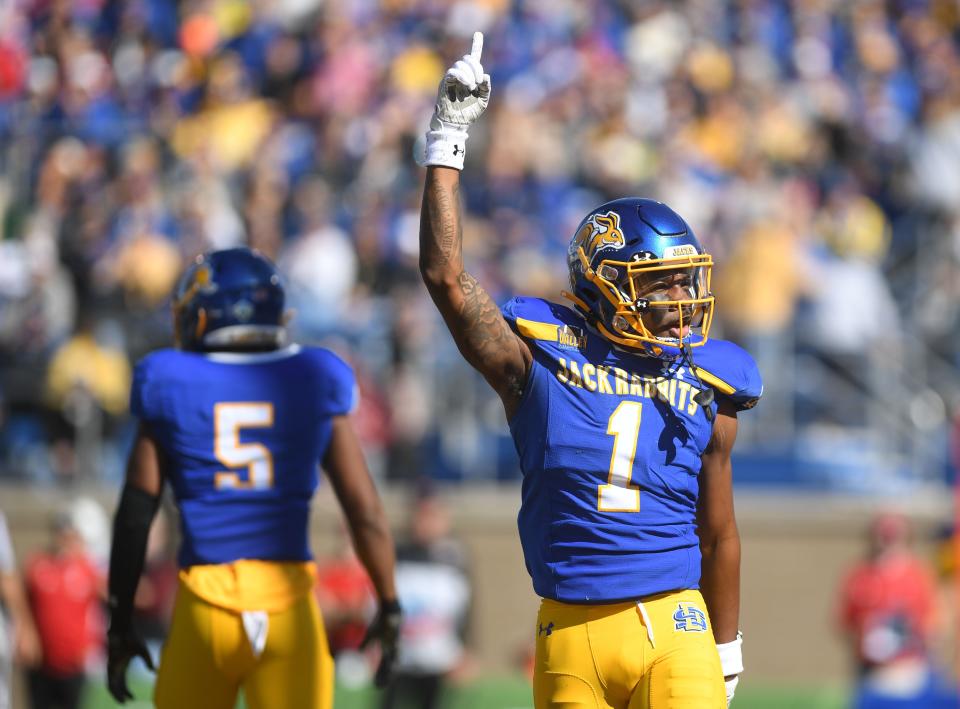 South Dakota State’s Malik Lofton nods and raises his finger to indicate he’s “number one” after a successful block in a football game against South Dakota on Saturday, October 8, 2022, at Dana J. Dykhouse Stadium in Brookings.