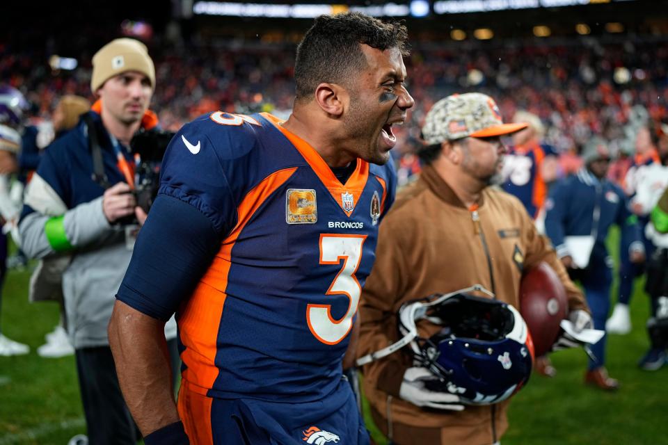 Denver Broncos quarterback Russell Wilson (3) celebrates after an NFL football game against the Minnesota Vikings, Sunday, Nov. 19, 2023, in Denver.