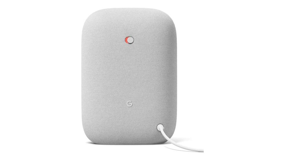 The mute switch around the back of the Google Nest Audio speaker. Photo: Google
