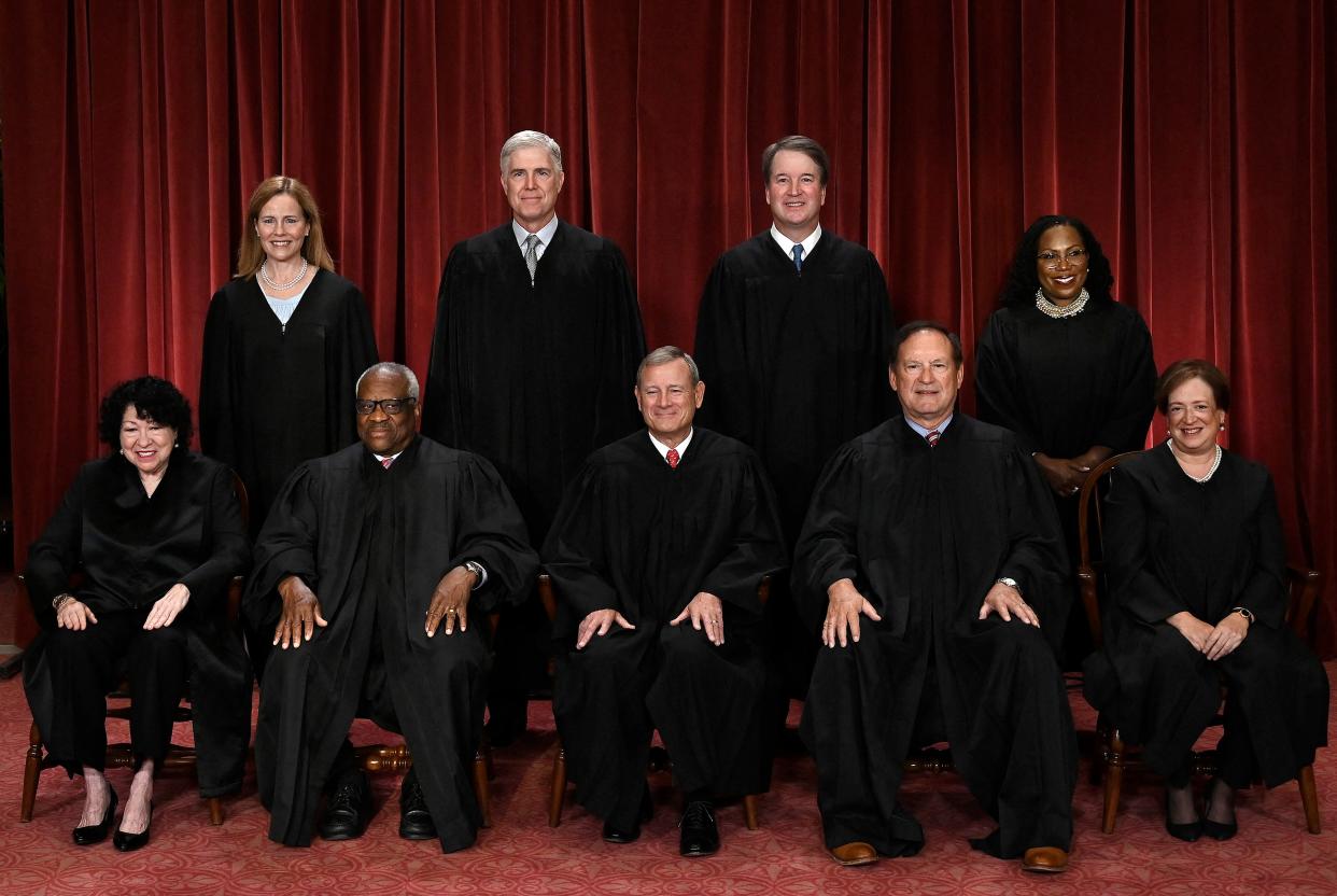 Justices of the US Supreme Court pose for their official photo at the Supreme Court in Washington, DC on October 7, 2022. (Seated from left) Associate Justice Sonia Sotomayor, Associate Justice Clarence Thomas, Chief Justice John Roberts, Associate Justice Samuel Alito and Associate Justice Elena Kagan, (Standing behind from left) Associate Justice Amy Coney Barrett, Associate Justice Neil Gorsuch, Associate Justice Brett Kavanaugh and Associate Justice Ketanji Brown Jackson (AFP via Getty Images)