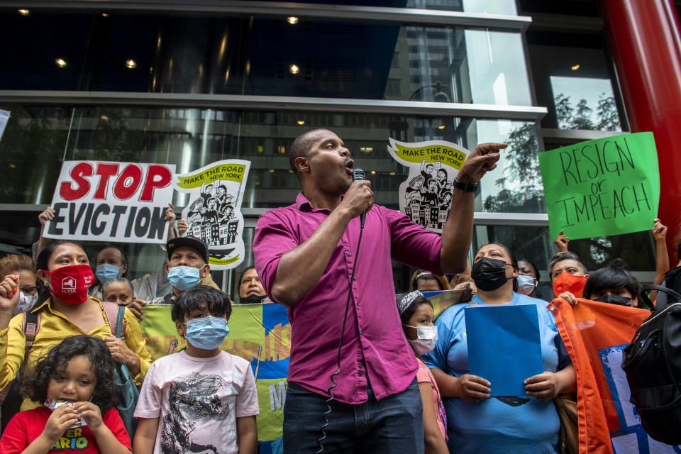 Housing advocate Jabari Brisport protests outside Governor Andrew Cuomo's office on the eviction moratorium on Wednesday, Aug. 4, 2021, in New York. After a federal eviction moratorium was allowed to lapse this weekend, the Centers for Disease Control and Prevention issued a new moratorium Tuesday on evictions that would last until Oct. 3. (AP Photo/Brittainy Newman)