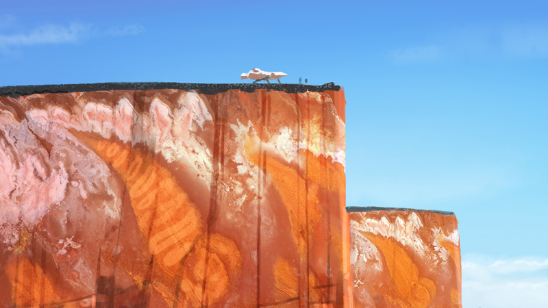 Art shows a space ship sitting over a giant canyon. 