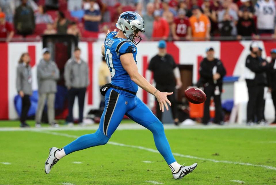 Dec 3, 2023; Tampa, Florida, USA; Carolina Panthers punter Johnny Hekker (10) punts the ball against the Tampa Bay Buccaneers during the first half at Raymond James Stadium. Mandatory Credit: Kim Klement Neitzel-USA TODAY Sports