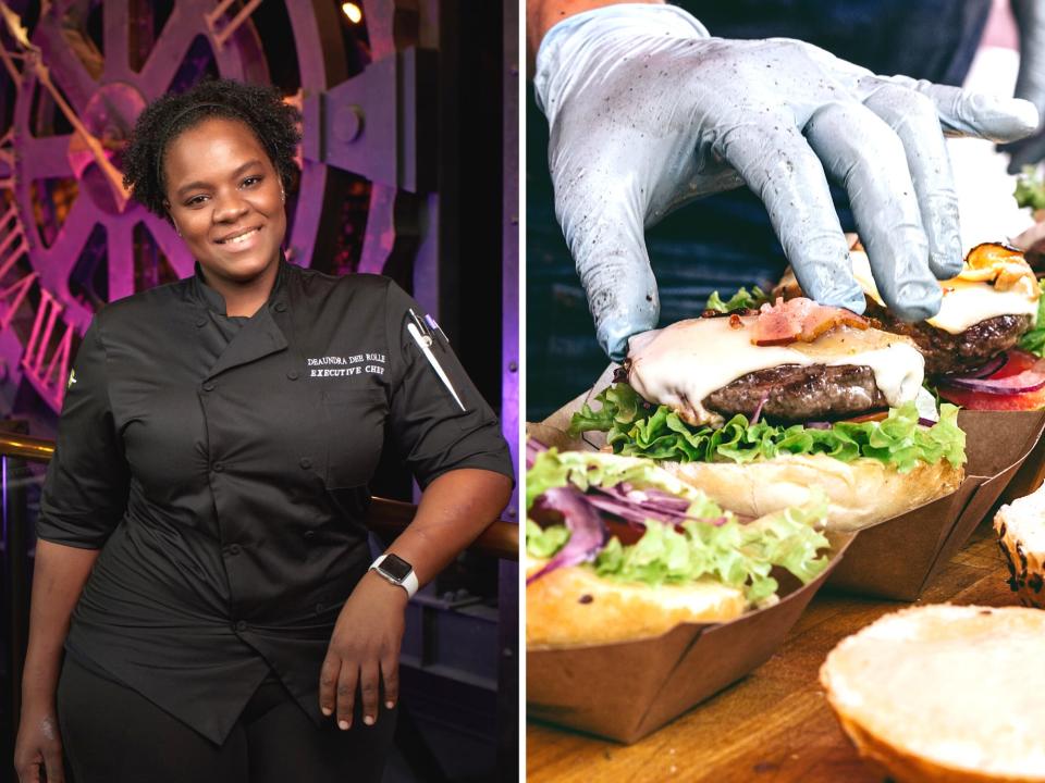 chef dee rolle and a chef assembling burgers in a restaurant