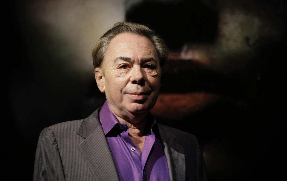 FILE - British composer Andrew Lloyd Webber promotes his new production "Love Never Dies" at a theater in London, Oct. 8, 2009. Andrew Lloyd Webber, the English composer who created the scores for blockbuster musicals such as “Cats,’’ “The Phantom of the Opera’’ and “Evita,’’ has written the anthem for King Charles III’s coronation, adapting a piece of church music that encourages singers to make a “joyful noise.” (AP Photo/Matt Dunham, File)