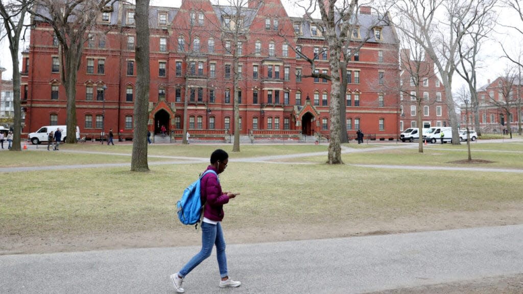 A student walks through Harvard Yard on the campus of Harvard University on March 12, 2020 in Cambridge, Massachusetts. (Photo by Maddie Meyer/Getty Images)