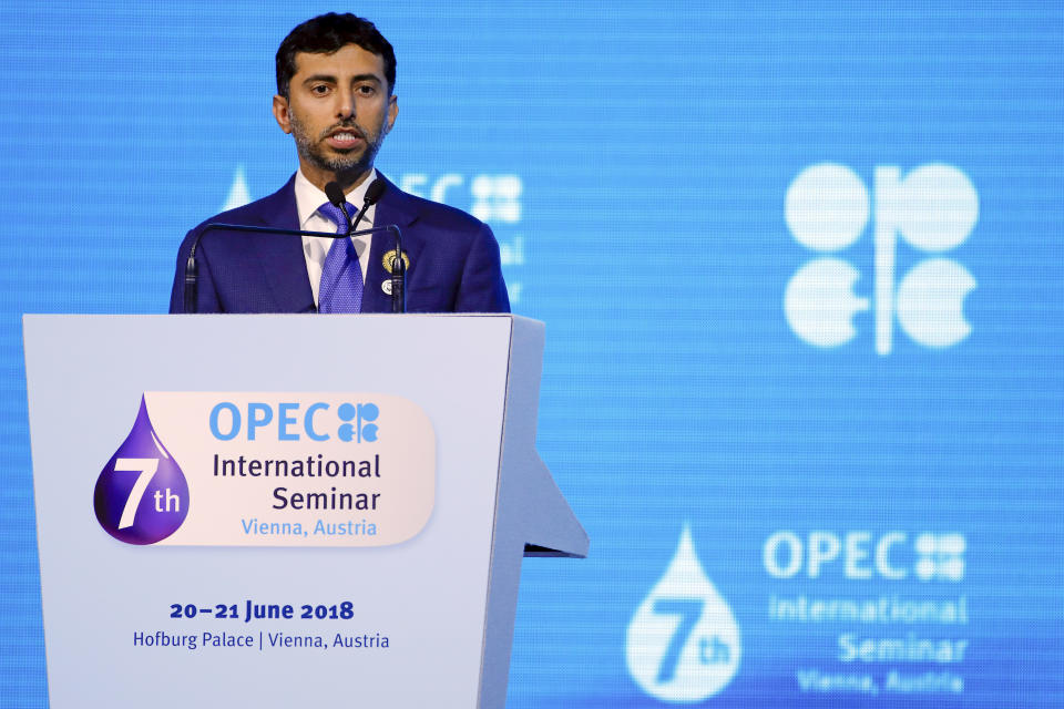 Suhail Mohammed Al Mazrouei, United Arab Emirates’ energy minister and president of the OPEC coneference, speaks during the 7th Organization Of Petroleum Exporting Countries (OPEC) international seminar in Vienna, Austria, on Wednesday, June 20, 2018. Iran put itself on a collision course with Saudi Arabia at this weekâs OPEC meeting, rejecting a potential compromise that would see a small oil-production increase to appease energy consumers. Photographer: Stefan Wermuth/Bloomberg