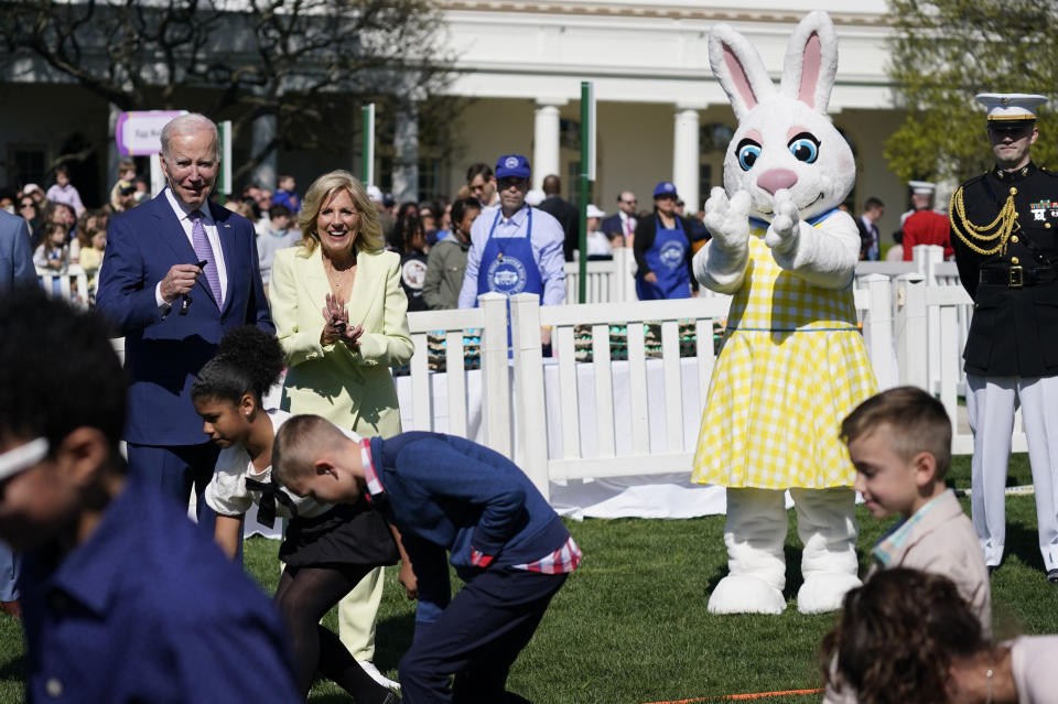 President Joe Biden and first lady Jill Biden participate in the 2023 White House Easter Egg Roll, Monday, April 10, 2023, in Washington. (AP Photo/Evan Vucci)