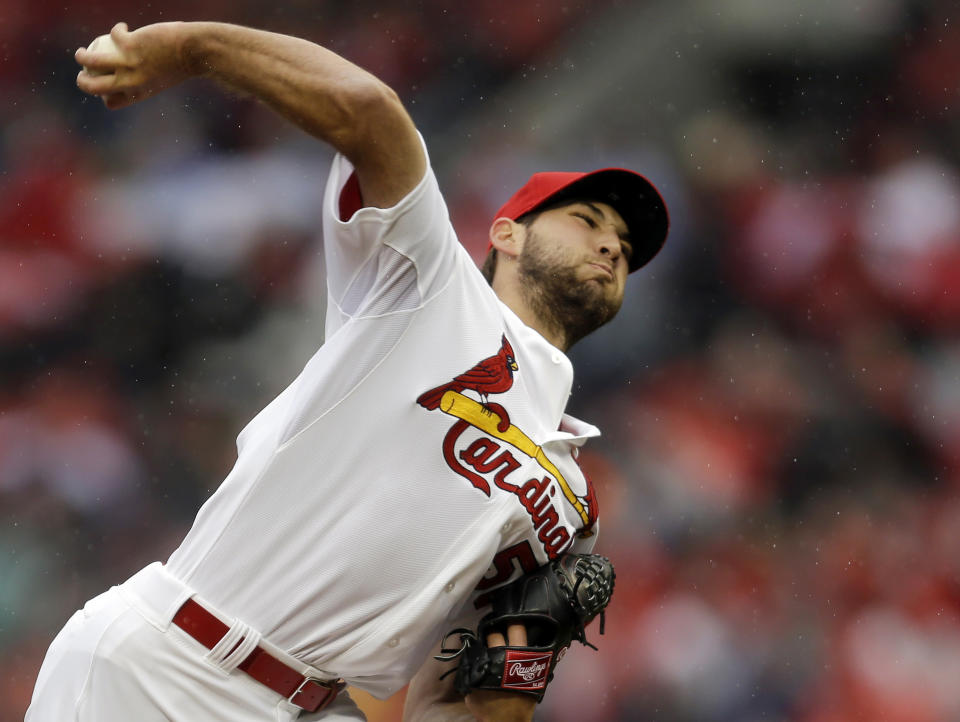 St. Louis Cardinals starting pitcher Michael Wacha throws during the first inning of a baseball game against the Cincinnati Reds, Monday, April 7, 2014, in St. Louis. (AP Photo/Jeff Roberson)