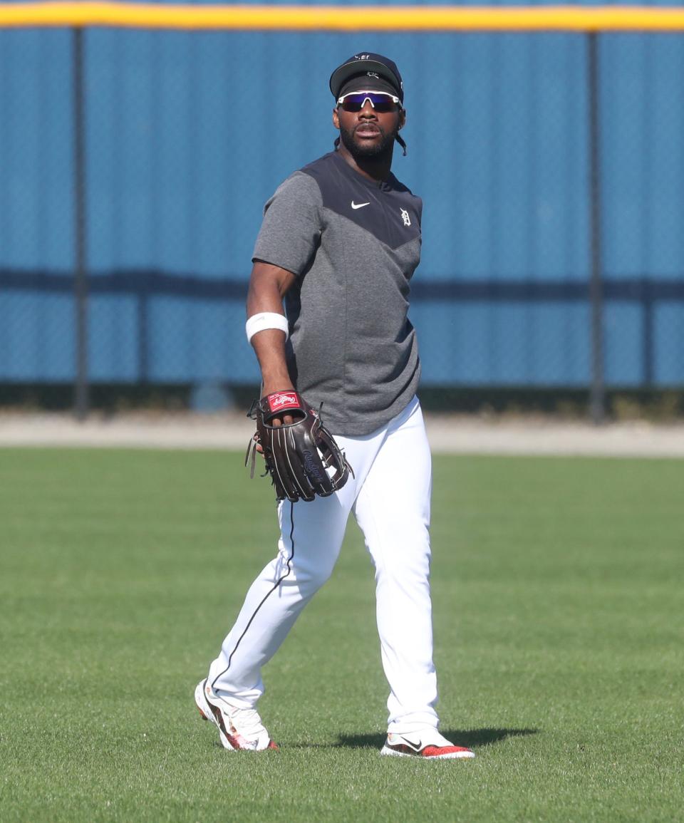 Tigers outfielder Akil Baddoo plays catch during spring training on Monday, Feb. 20, 2023, in Lakeland, Florida.