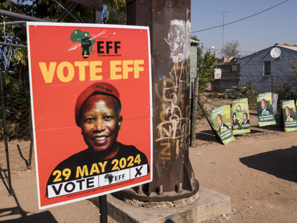 An EFF poster is seen outside a polling station in Hopetown, Northern Cape province, South Africa, May 29, 2024. / Credit: Jeremy Suyker/Bloomberg/Getty