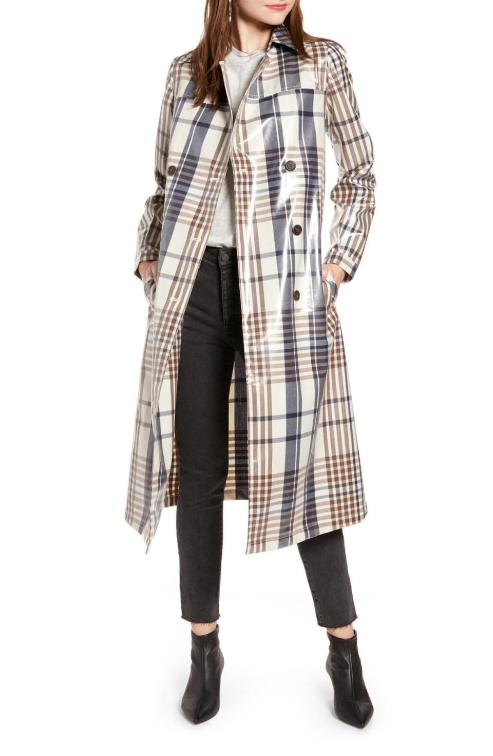 15) Water-Resistant Plaid Glossy Trench Coat