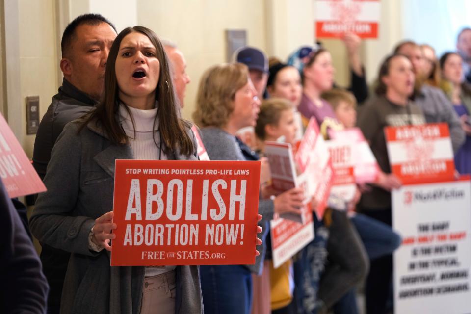 Abortion abolitionists rally Feb. 7 after Oklahoma Gov. Kevin Stitt gives the State of the State address to a joint session of the Legislature.