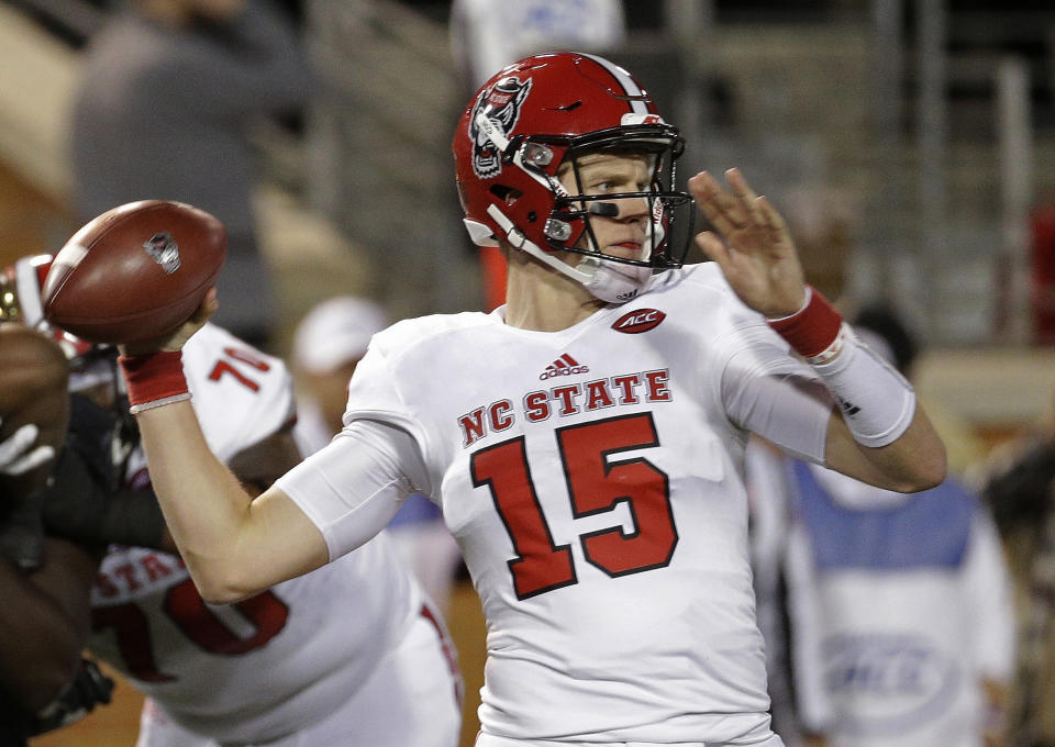 North Carolina State’s Ryan Finley looks to pass against Wake Forest during the second half of an NCAA college football game in Winston-Salem, N.C., Saturday, Nov. 18, 2017. Wake Forest defeated N.C. State 30-24. (AP Photo/Chuck Burton)