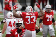 Ohio State running back Master Teague celebrates his touchdown against Nebraska during the first half of an NCAA college football game Saturday, Oct. 24, 2020, in Columbus, Ohio. (AP Photo/Jay LaPrete)