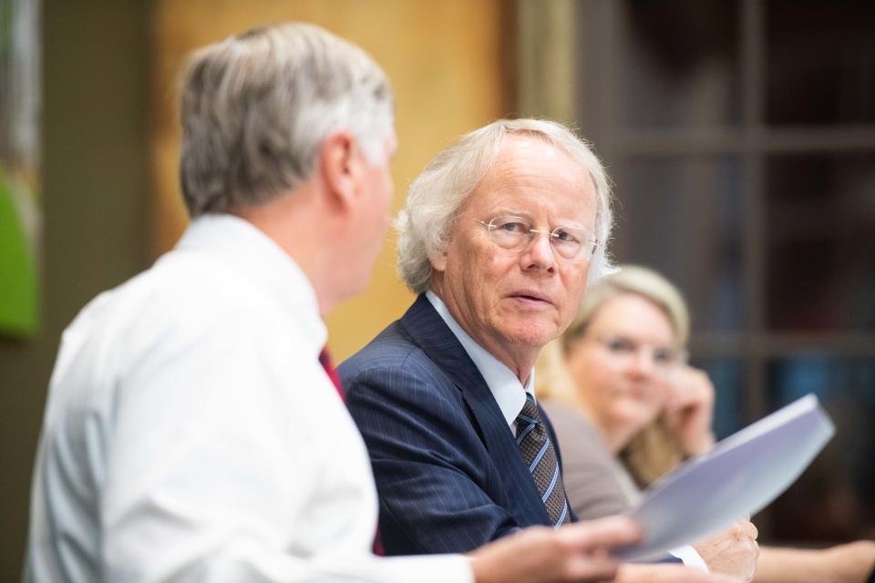 Charlie Tuggle looks to CEO Clay Bright during a The Megasite Authority of West Tennessee meeting in Jackson, Tennessee on Wednesday, Jul. 19, 2023. 