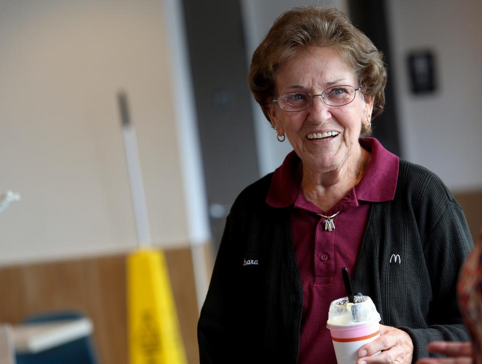 Barbara Cramer, 75, a McDonald's employee for 53 years, holds a cup of the new limited-edition 'Grandma McFlurry' at the McDonald's restaurant at 615 North U.S.1, Fort Pierce, Monday, May 20, 2024. Cramer, the face of the new treat, began working at the McDonald's on South U.S. 1 in 1970 when she moved to St. Lucie County from New Jersey. She's worked at this McDonald's for the last 16 years. Throughout the years, she's worked as a crew member, trainer, manager and now as an administrative assistant. In her current position, she works part-time, seven days a week to keep herself busy. "I enjoy everything that I do," Cramer said tearfully. "My mom worked for McDonald's, my sister, my brother-in-law, my husband that passed away and my second husband who was the manager at the U.S. 1 store." The limited-edition sweet treat features vanilla ice cream, sweet syrup and crushed candy pieces reminiscent of candy a grandmother might have in her purse. The 'Grandma McFlurry' will hit stores on May 21 and remain on the menu while supplies last.