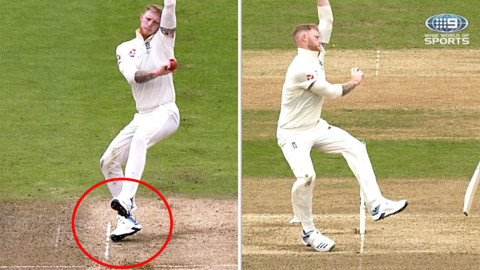 Ben Stokes' back foot was perilously close to the return crease, which would be a no ball. Image: Channel Nine