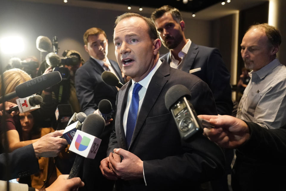 Utah Republican Sen. Mike Lee speaks to reporters during an election-night party Tuesday, Nov. 8, 2022, in Salt Lake City. (AP Photo/Rick Bowmer)