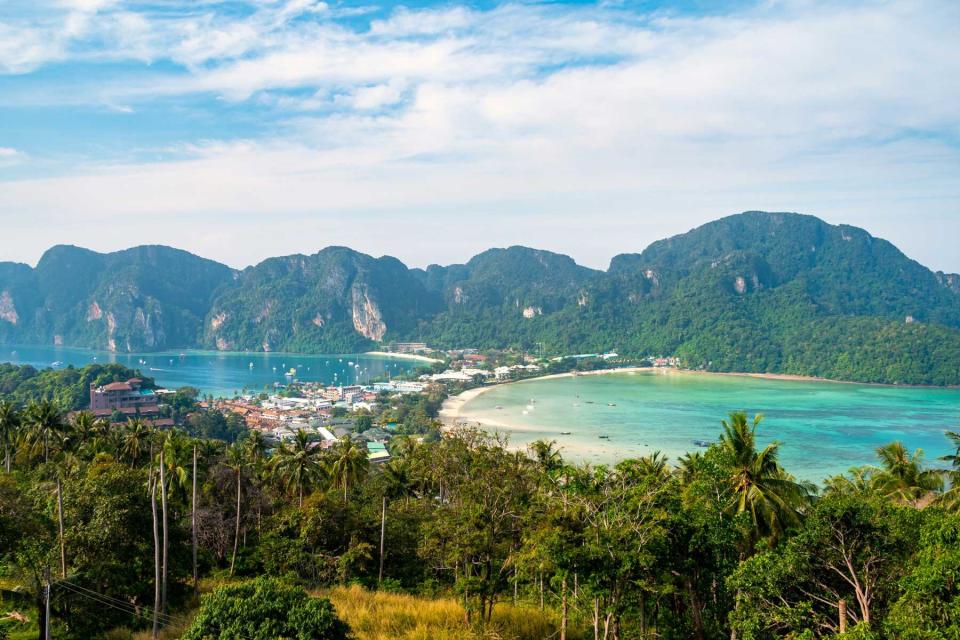 Morning view of Phi-Phi island, Krabi Province, Thailand. Travel vacation background - Tropical island with resorts